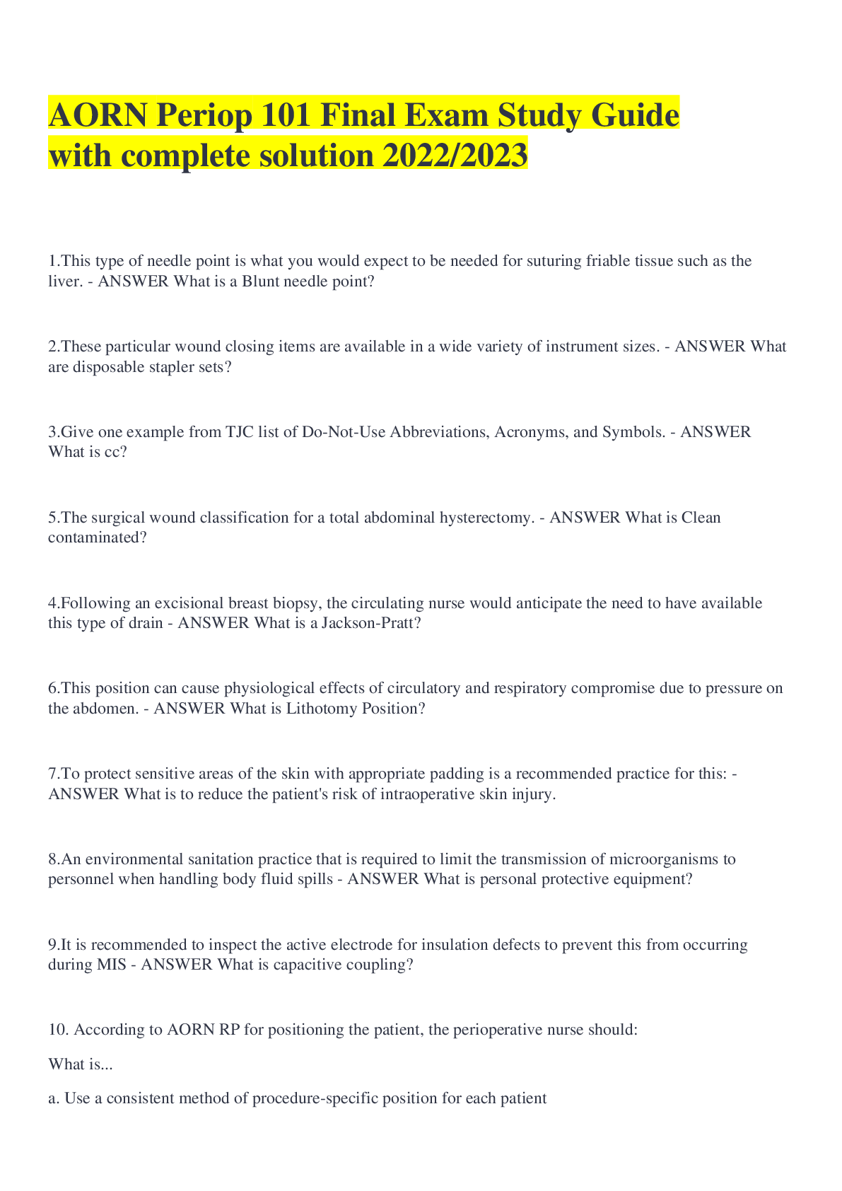 Preview of AORN Periop 101 Final Exam Study Guide with complete solution 2022/2023